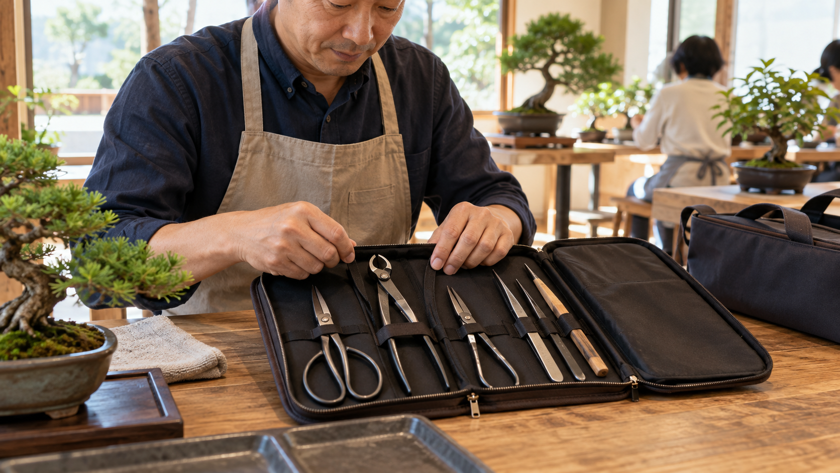 盆栽教室で日本人男性がファスナー式収納ケースに盆栽鋏や又枝切、ピンセットを整理する様子