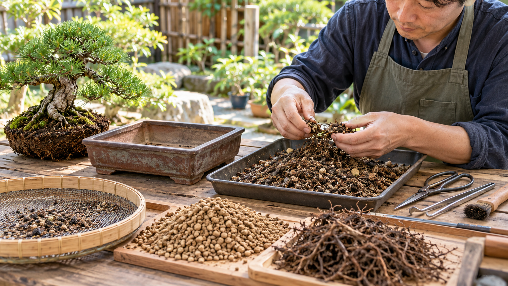 盆栽の植え替えで取り出した古い土から根や異物を取り除き、赤玉土やふるいを使って整理する日本人男性