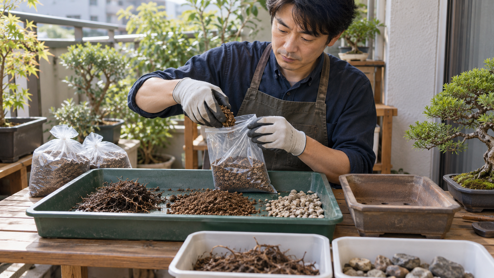 ベランダで日本人男性が盆栽の古い土を透明な袋に小分けし、根や石、植木鉢を分別している様子