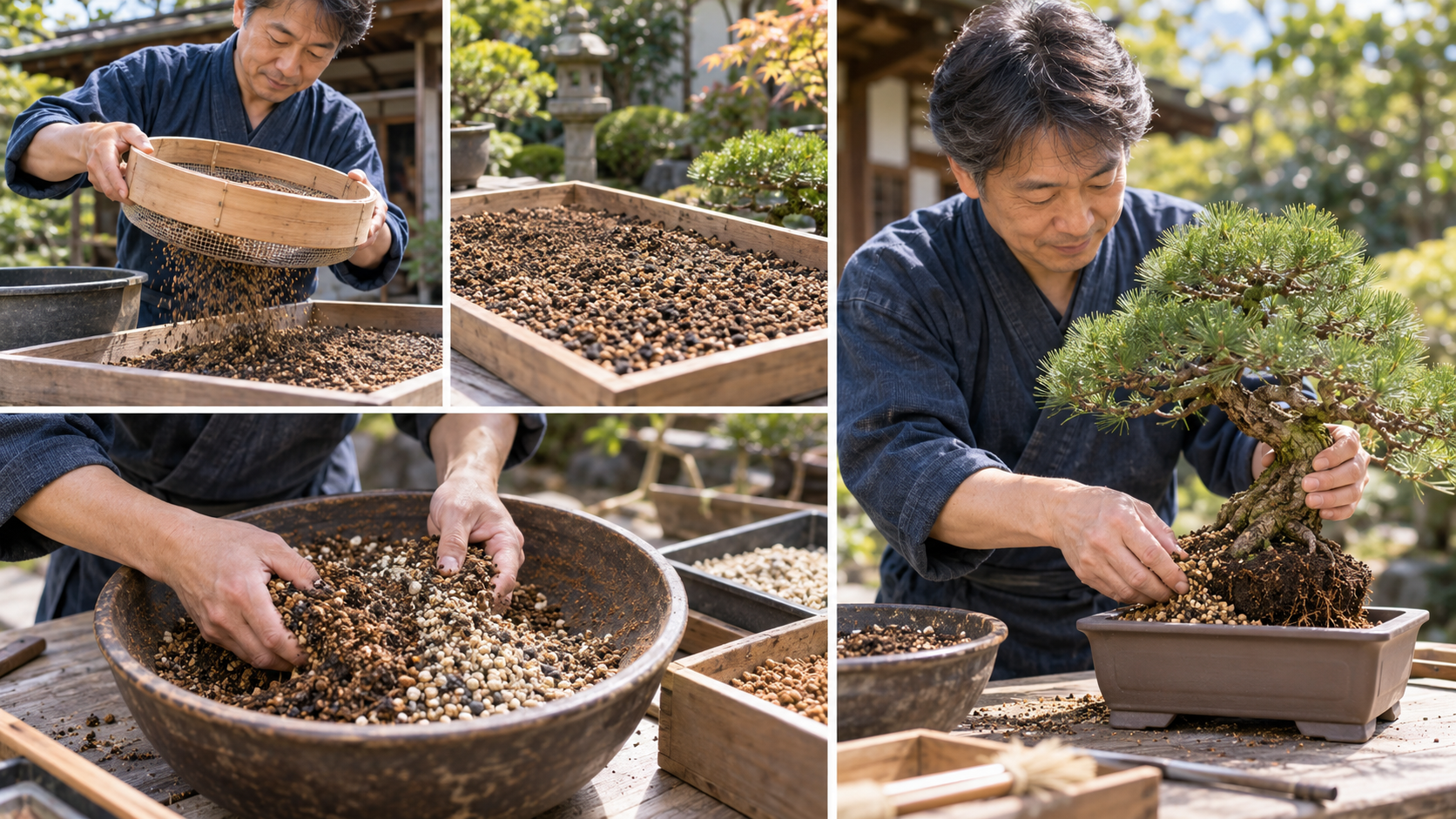 日本人男性が古い盆栽用土をふるいにかけ、新しい粒状用土と混ぜて松の盆栽を植え替える作業工程