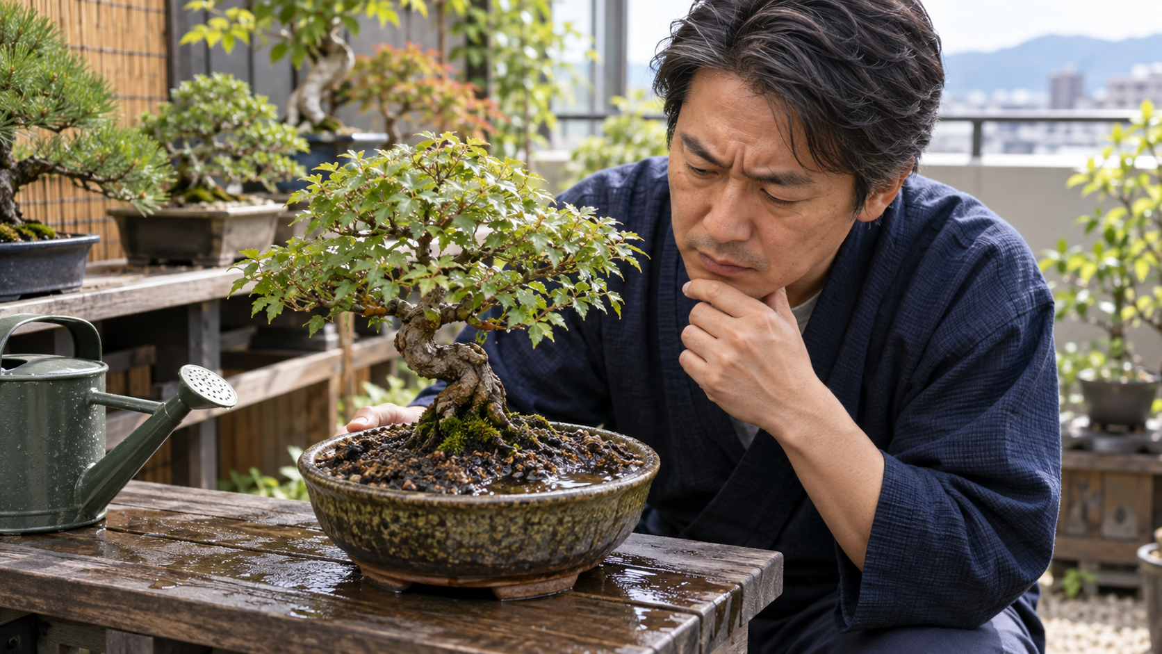 水やり後も土が湿っている盆栽を観察し、土の乾き具合や排水状態を確認する日本人男性