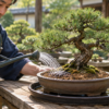 日本人男性がじょうろの細かな水流で松の盆栽に水を与える様子。土に水を浸透させる返し水の基本となる水やり