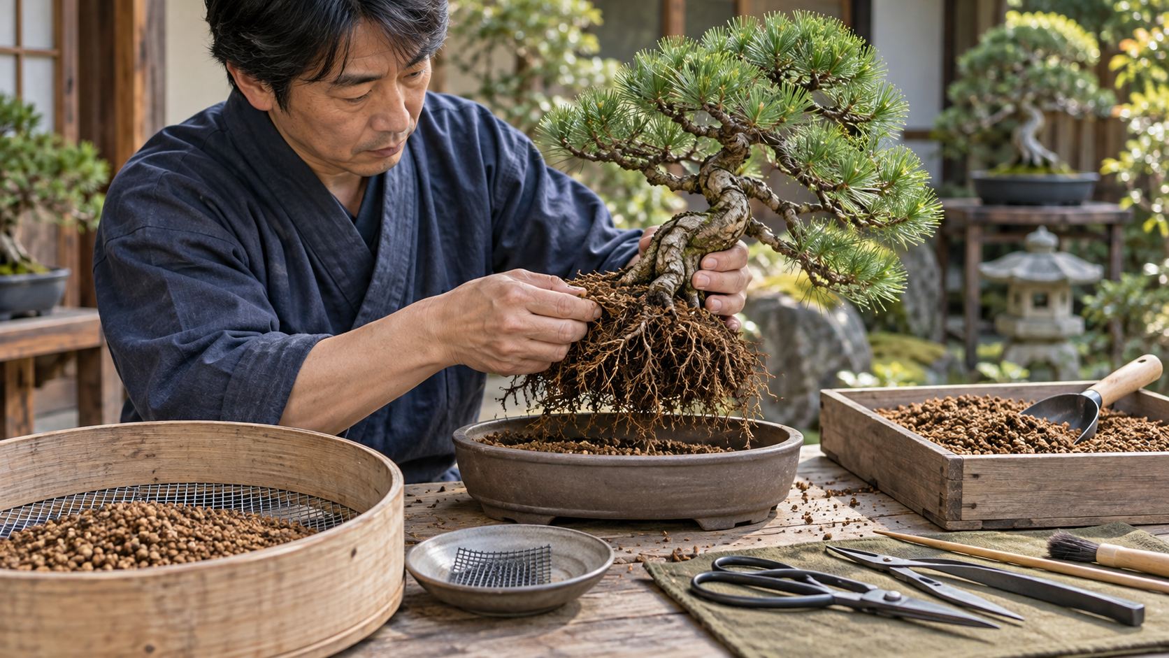土ふるいと粒状用土を準備し、松の盆栽の根を丁寧に整えながら植え替え作業をする日本人男性