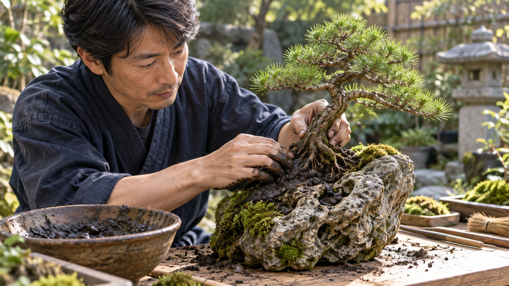 石付き盆栽の制作で松の根元にケト土を押し付け、自然石に固定する日本人男性の作業風景