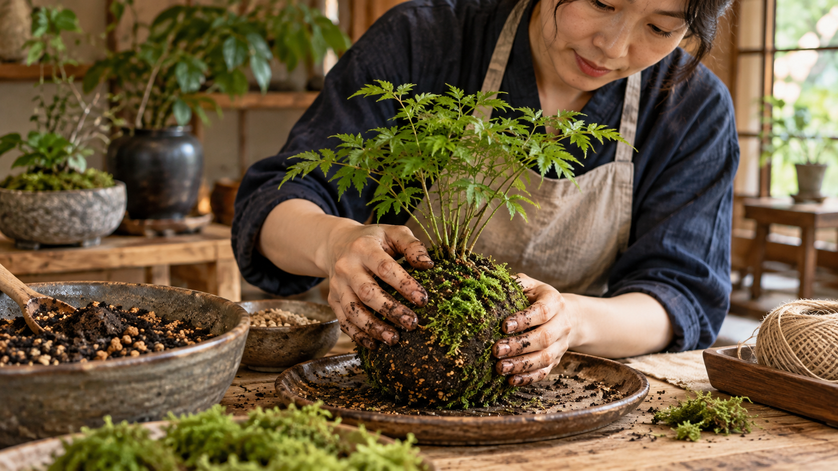 ケト土と赤玉土を使い、植物の根元を丸く包んで苔玉を成形する日本人女性の作業風景