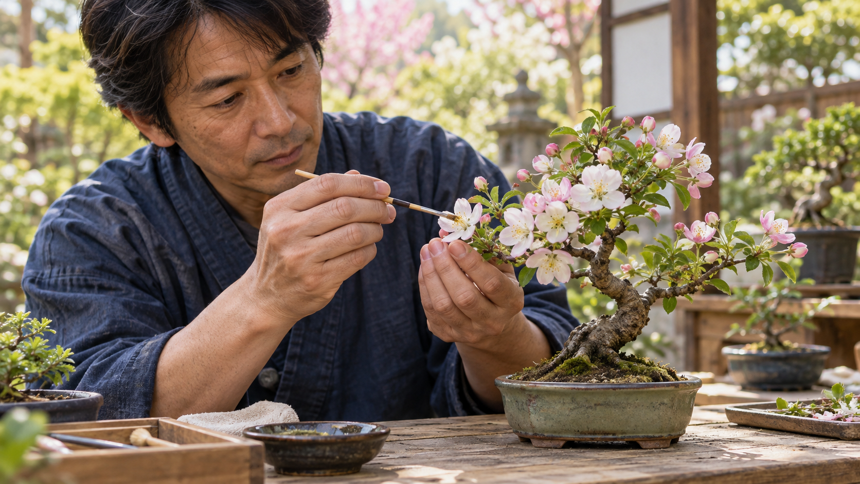 春に白や淡いピンク色の花が咲いた姫リンゴの盆栽に、日本人男性が細い筆で人工授粉する様子