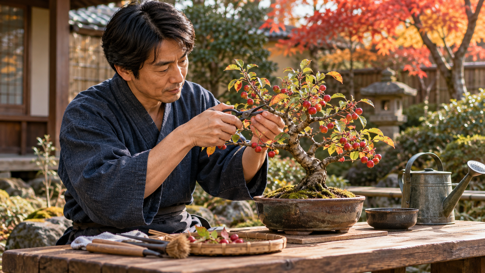 秋の日本庭園で赤い実が付いた実もの盆栽の枝を、日本人男性が剪定鋏で丁寧に手入れする様子