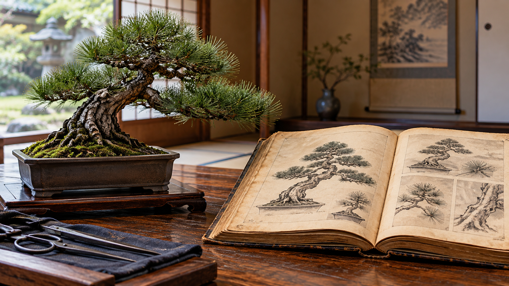 黒松盆栽と松柏盆栽の樹形が描かれた古い図解書を並べた和室の風景