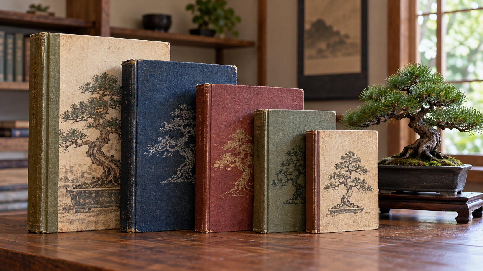 装丁や大きさが異なる5冊の古い松柏盆栽の図解書と黒松盆栽を並べた様子