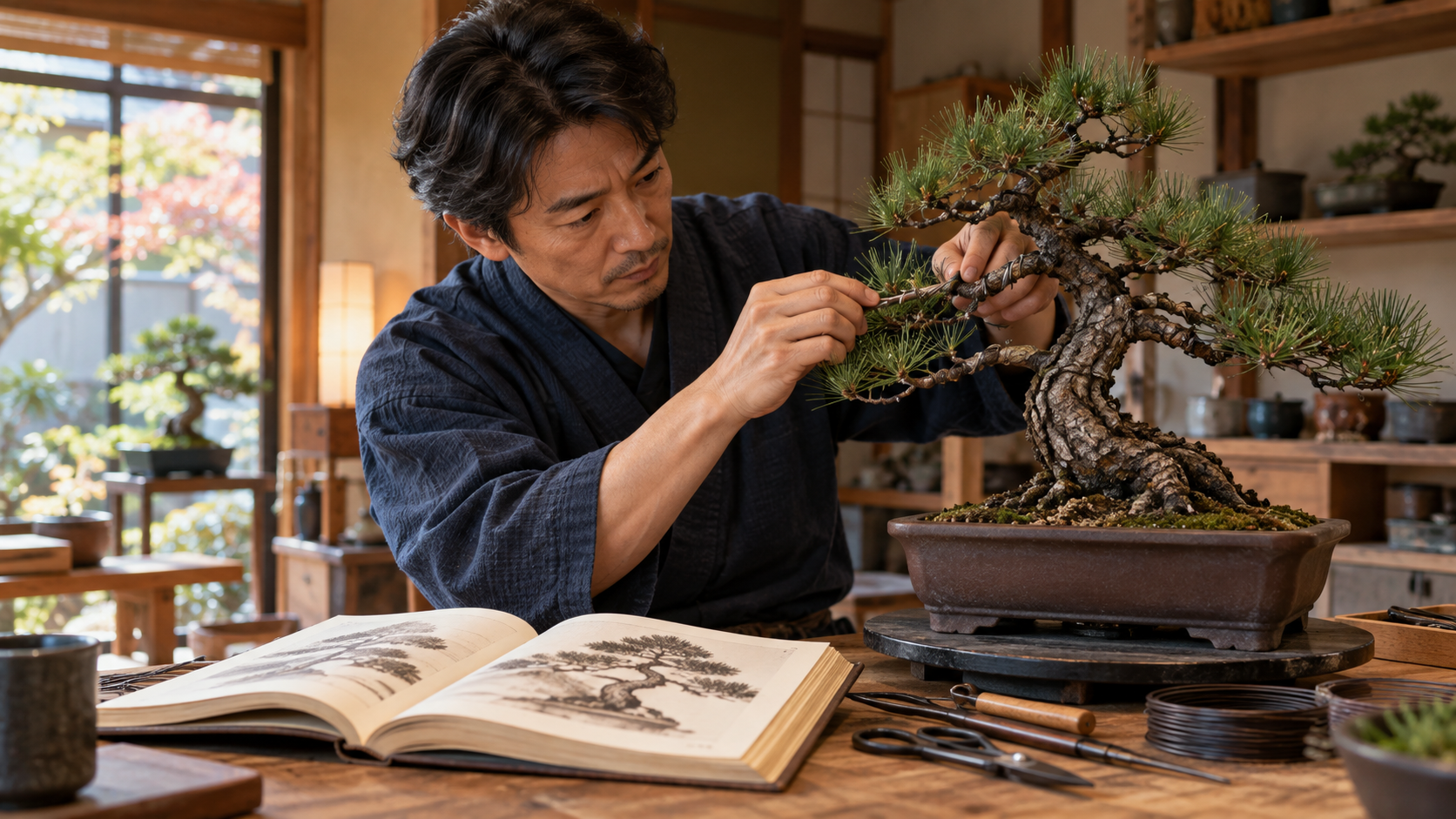 日本人男性が古い盆栽図解書を参考に黒松盆栽の枝に針金をかけて仕立てる様子