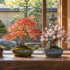 黒松の松柏盆栽、紅葉したモミジ、白い花が咲く花もの、赤い実をつけた実ものの4種類が並ぶ盆栽の展示