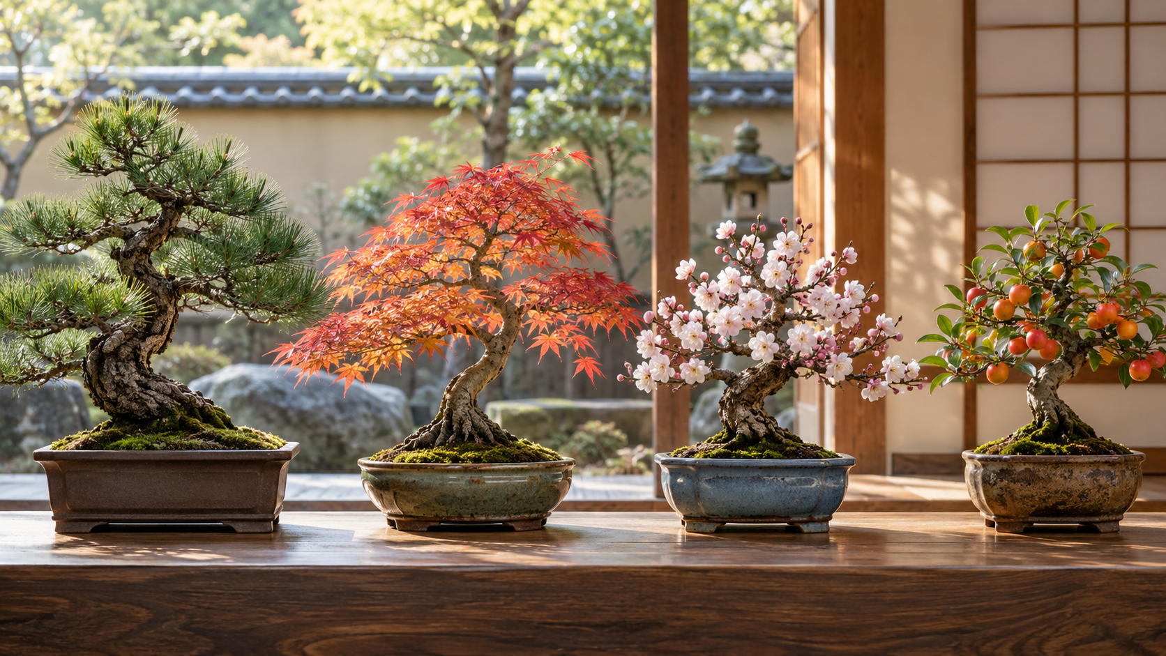 黒松の松柏盆栽、紅葉したモミジ、白い花が咲く花もの、赤い実をつけた実ものの4種類が並ぶ盆栽の展示