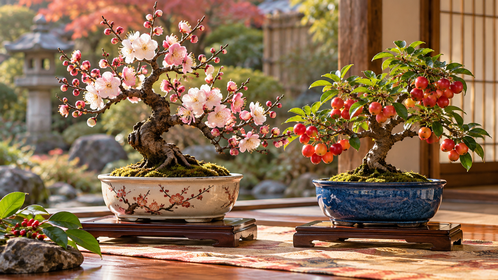 白や淡いピンクの花が咲く花もの盆栽と、赤い小さな果実を実らせた実もの盆栽を並べた日本庭園の展示