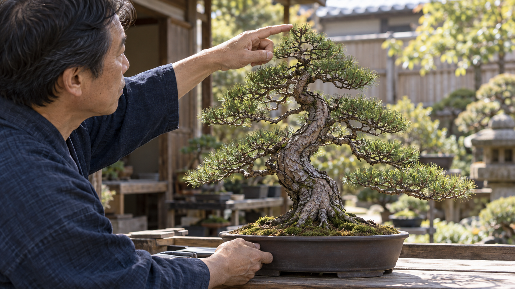 幹の流れを見ながら盆栽の樹芯を決める様子