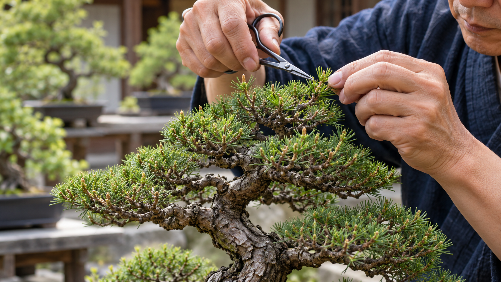 盆栽鋏で松の新芽を整え樹冠を作る芽摘み作業