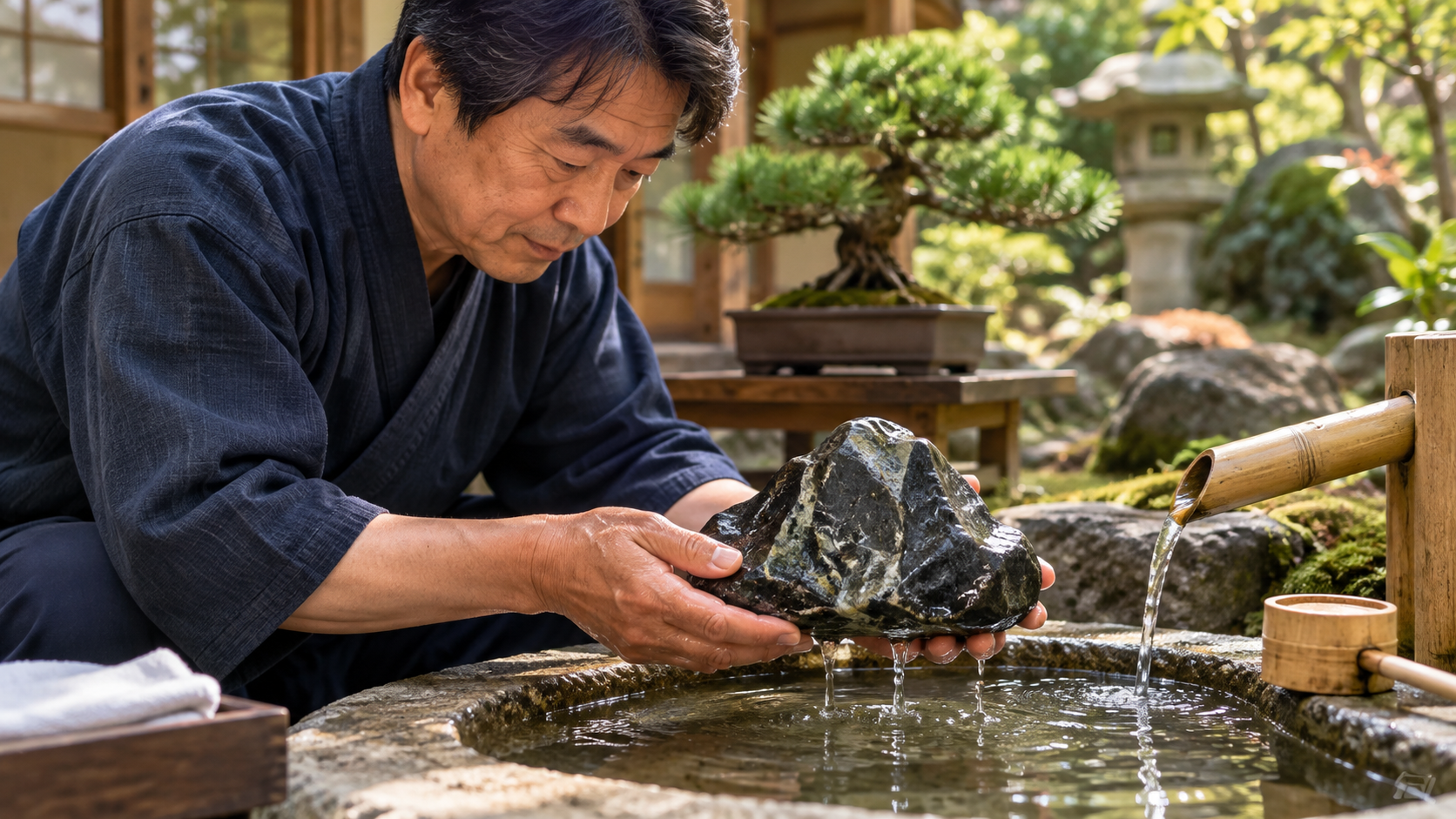 日本庭園で黒い水石を両手に持ち、竹筒から流れる水で石を濡らしている日本人男性。水石の養石と手入れの様子
