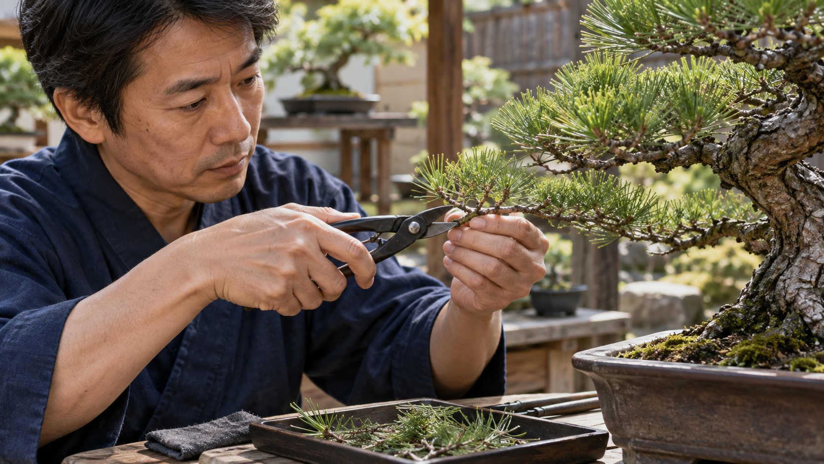 剪定鋏で松盆栽の枝を丁寧に切る日本人男性