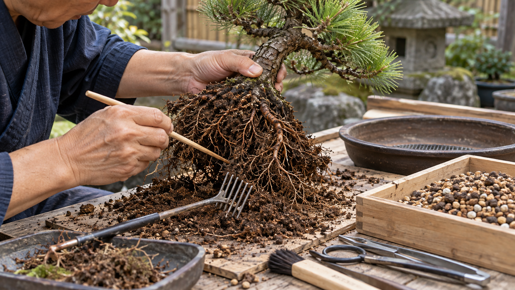 盆栽の植え替えで根鉢をほぐし根張りを確認する作業