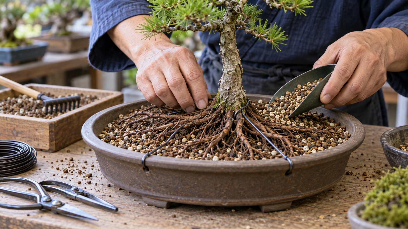 盆栽の根を横へ広げ用土と針金で植え付ける作業