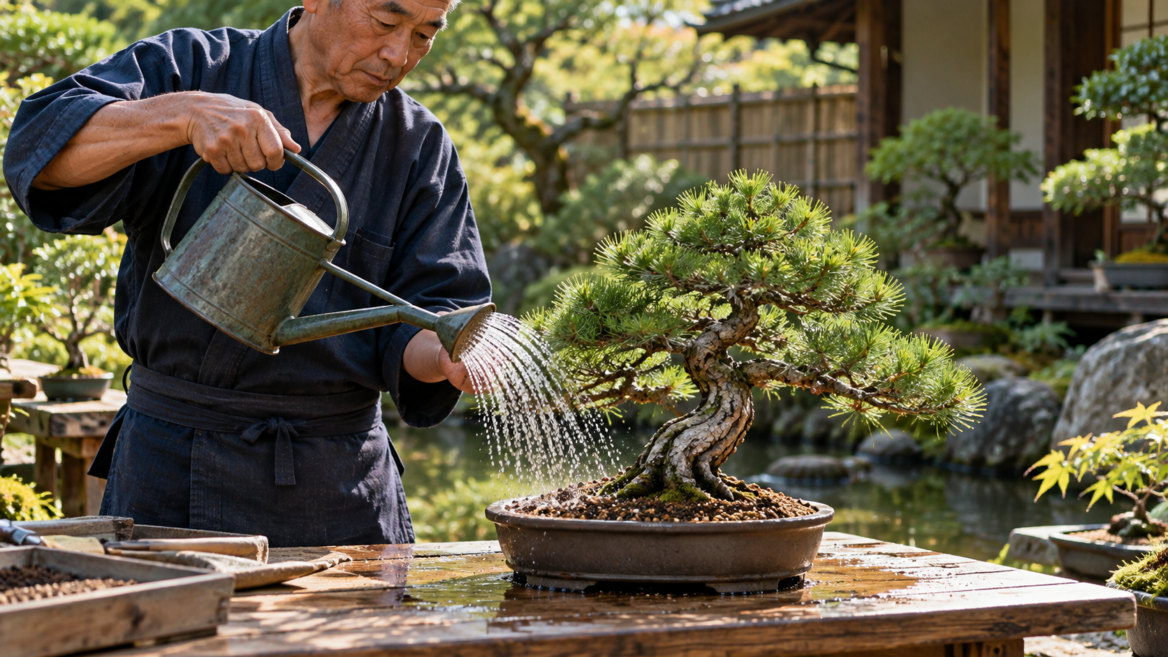 根切りと植え替え後の盆栽にじょうろで十分に水を与える様子