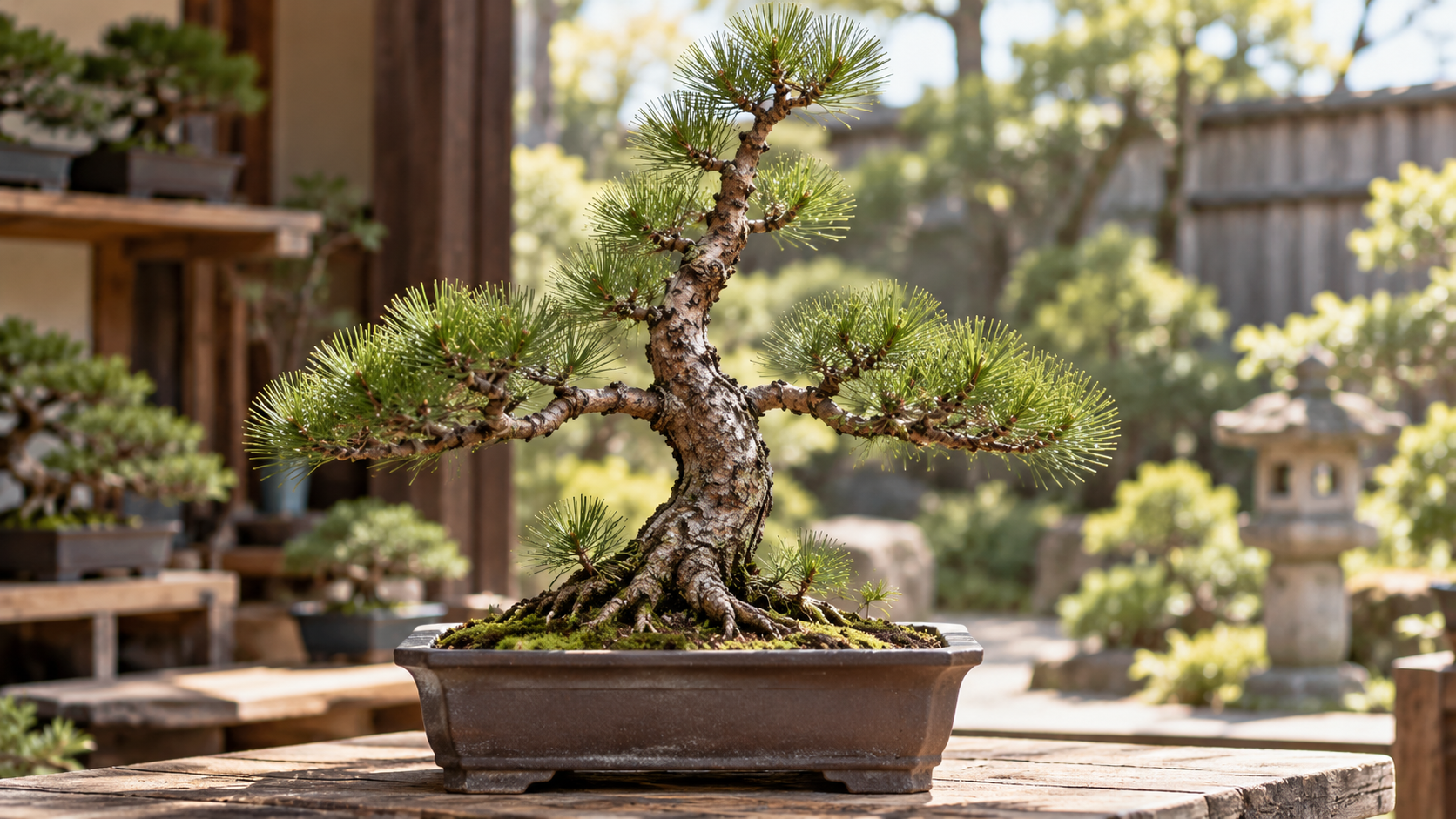 左右に対向する枝と上へ伸びる枝、株元の芽が見える松盆栽