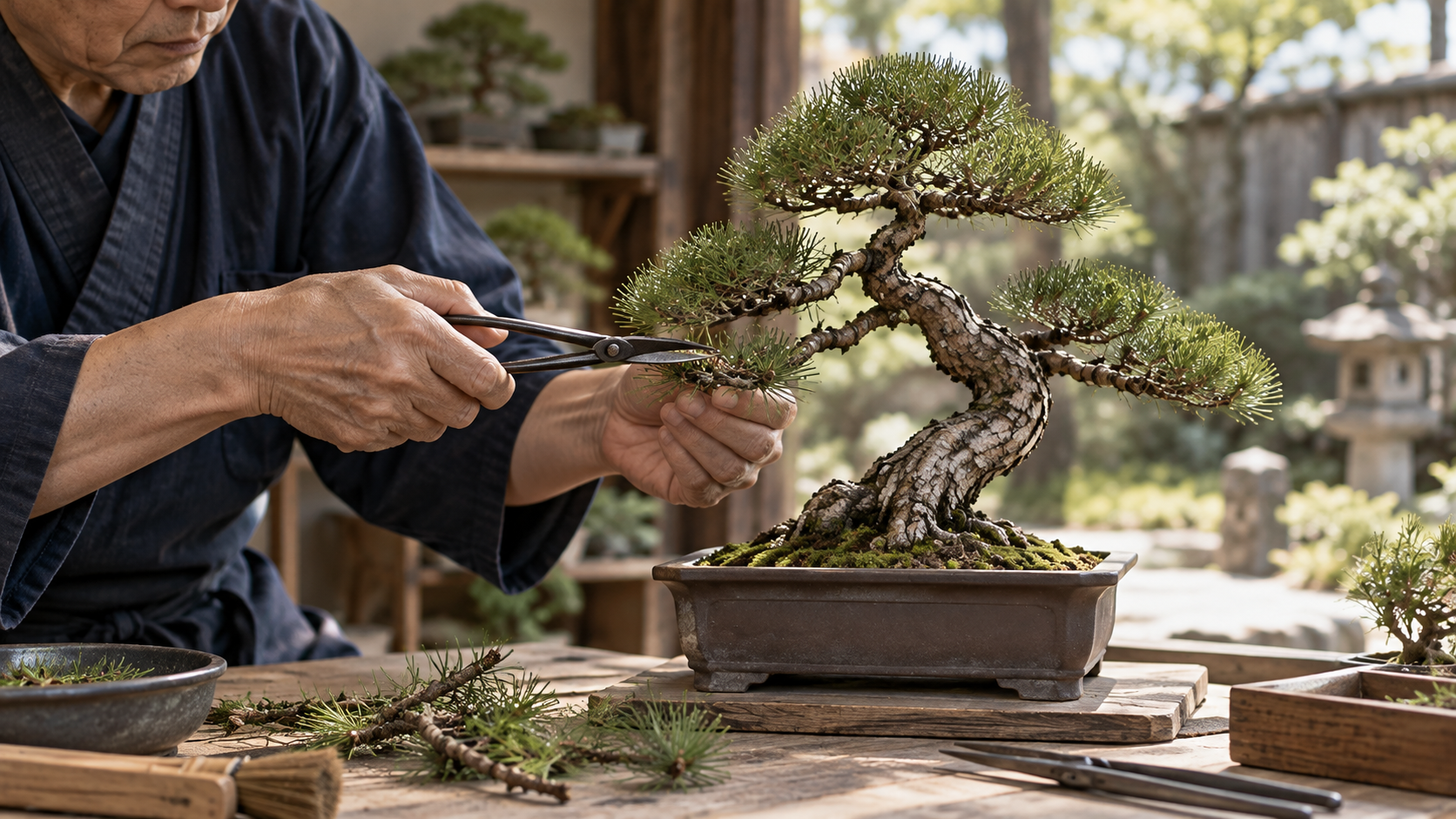 盆栽鋏で松盆栽の不要な枝を剪定する作業