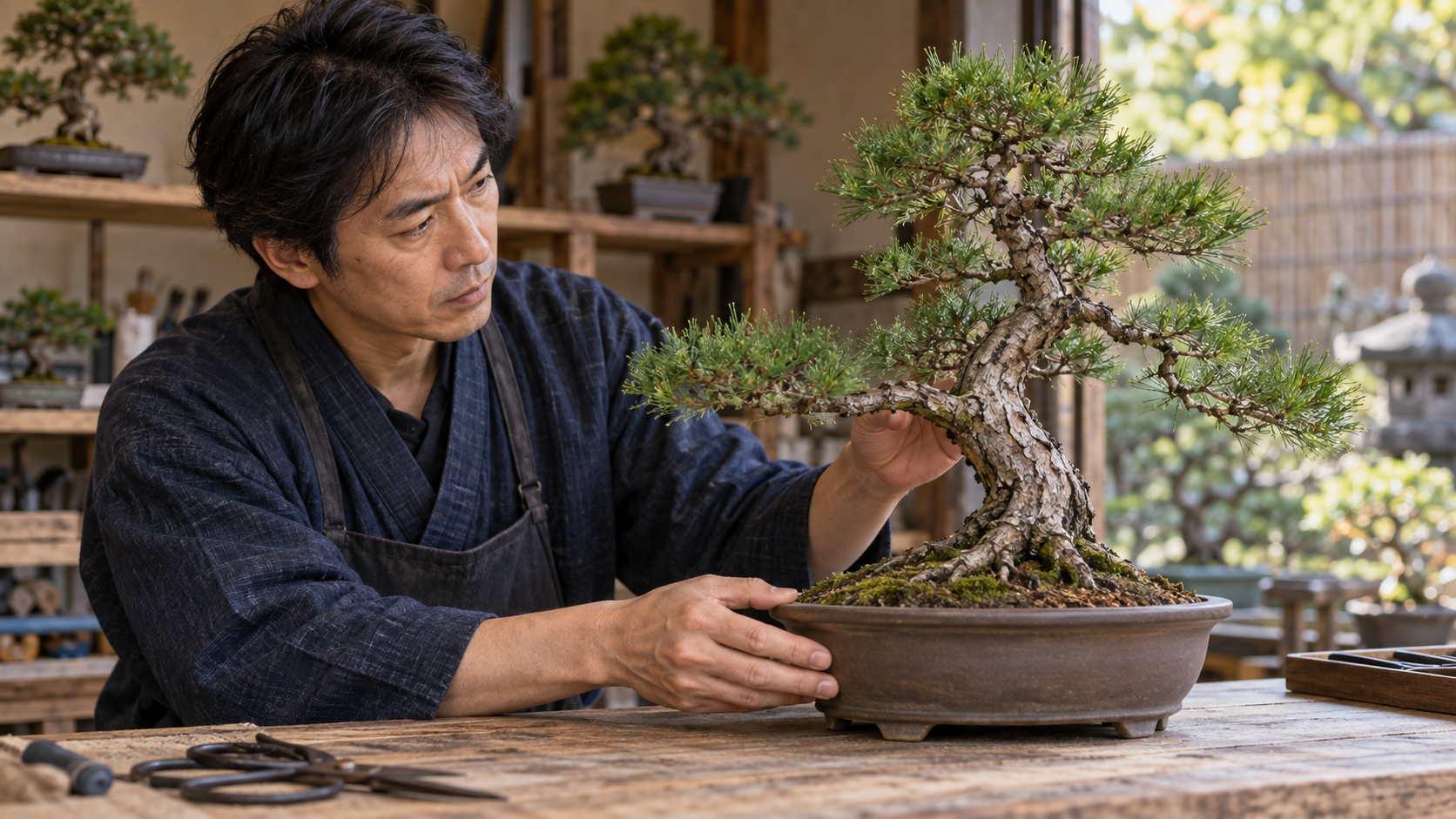 盆栽の正面と役枝を確認する日本人の作業風景