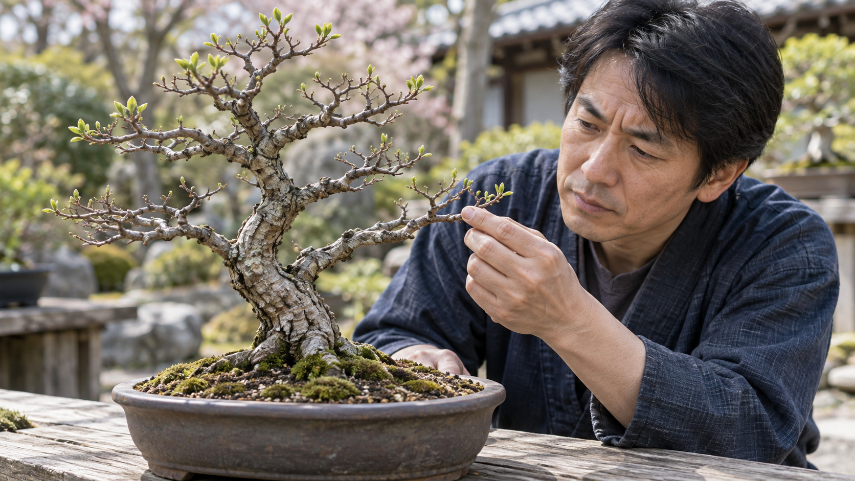 枝先の新芽と胴吹きの状態を確認する盆栽