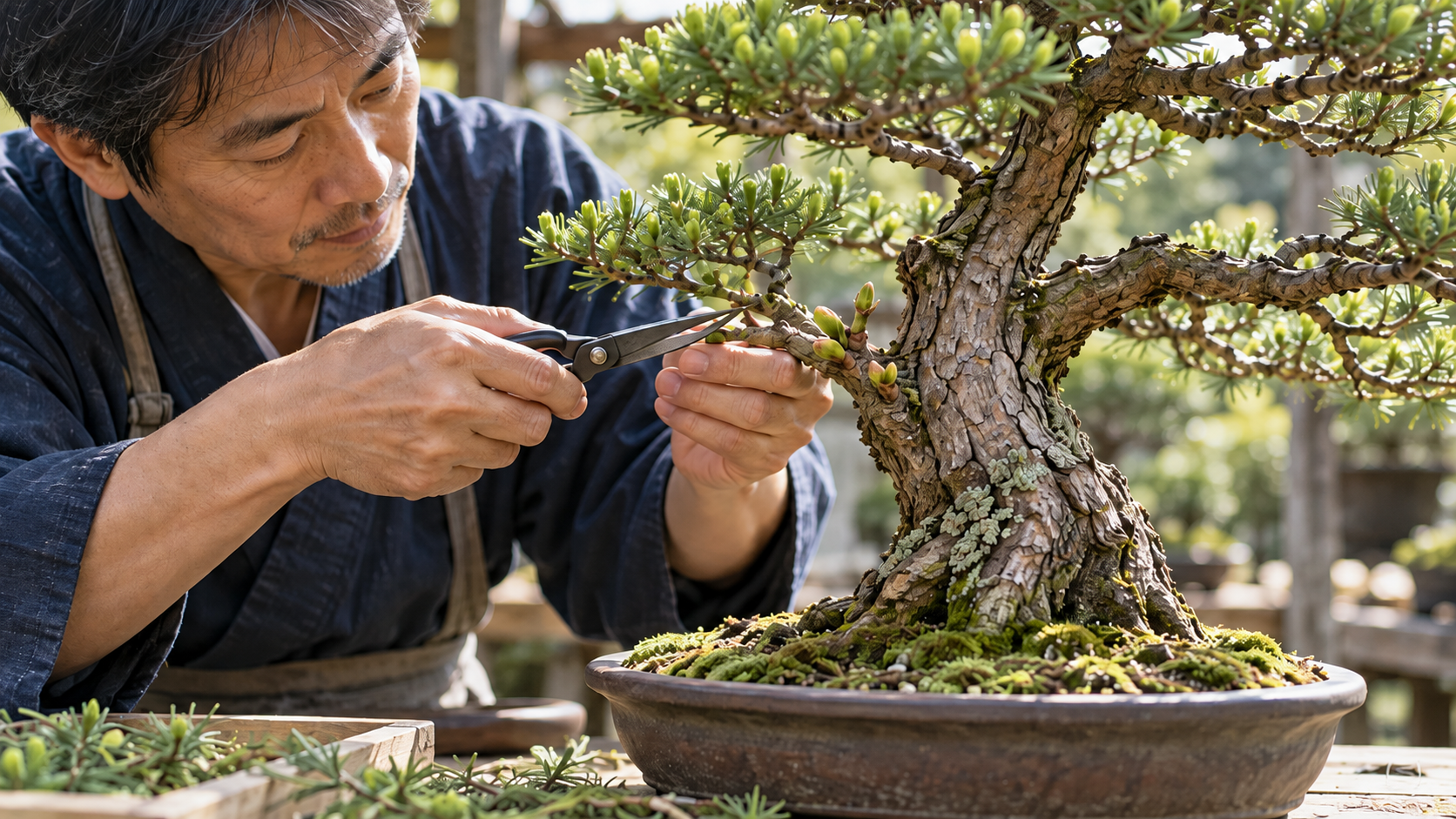 幹近くの新芽を確認しながら盆栽を剪定する様子