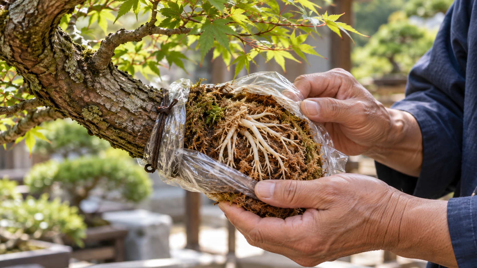 盆栽の取り木で水苔の中に伸びた白い根を確認する様子
