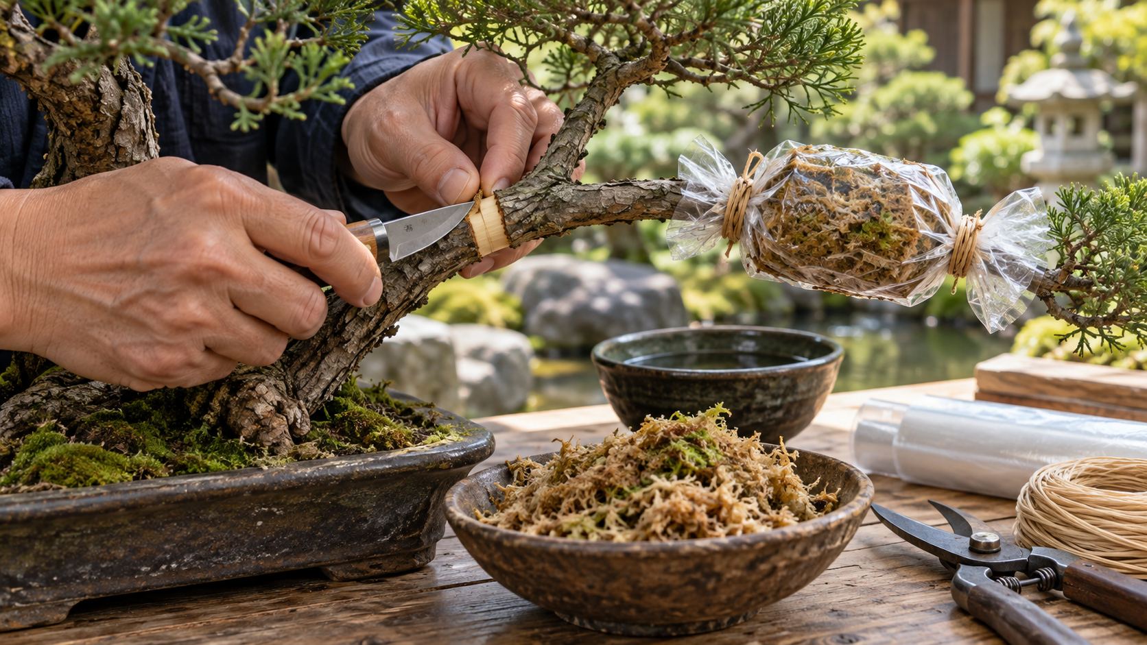 盆栽の取り木で園芸用ナイフを使って枝の環状剥皮を行う様子