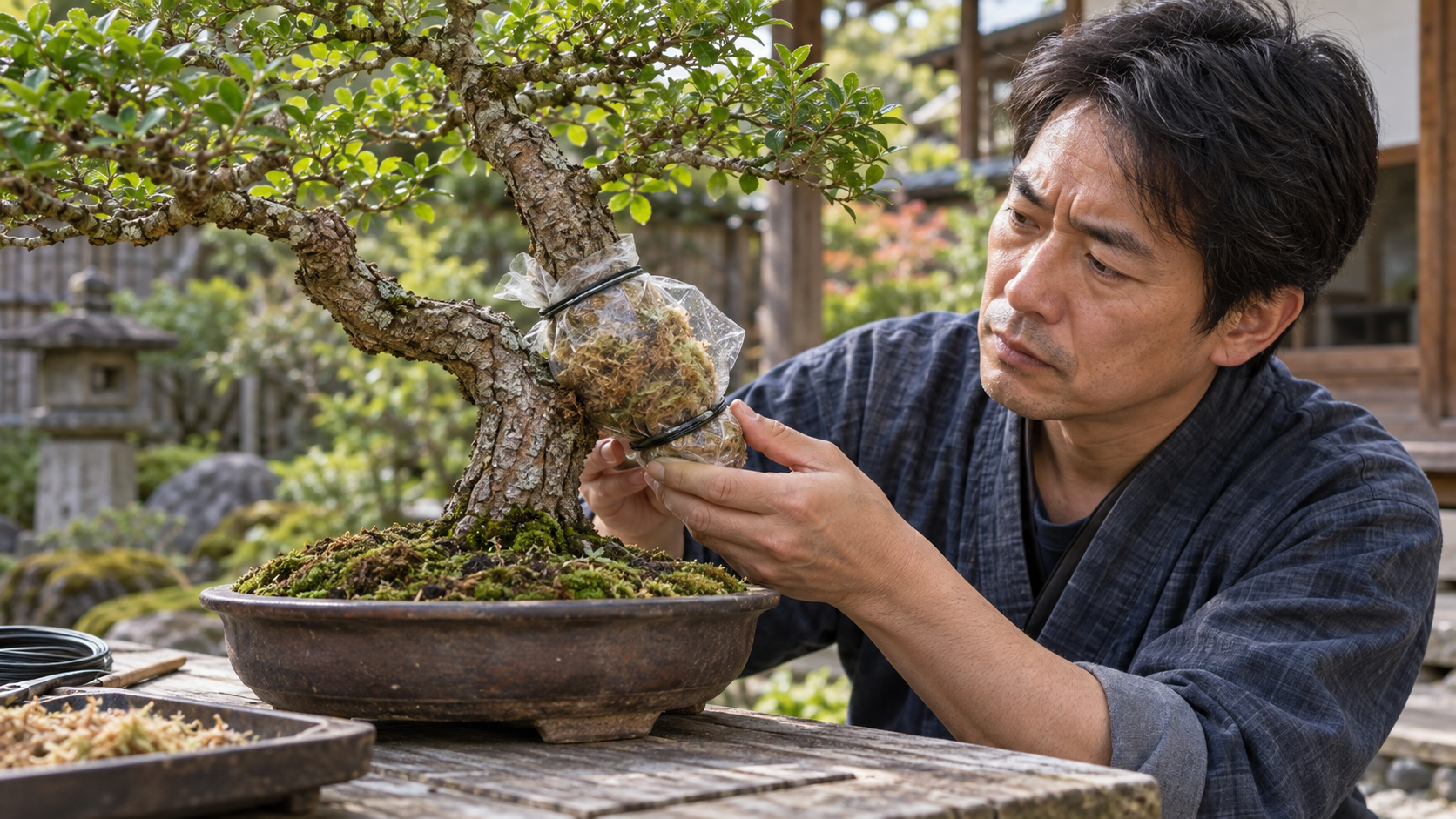 盆栽の取り木で水苔の包装と発根状態を確認する日本人男性