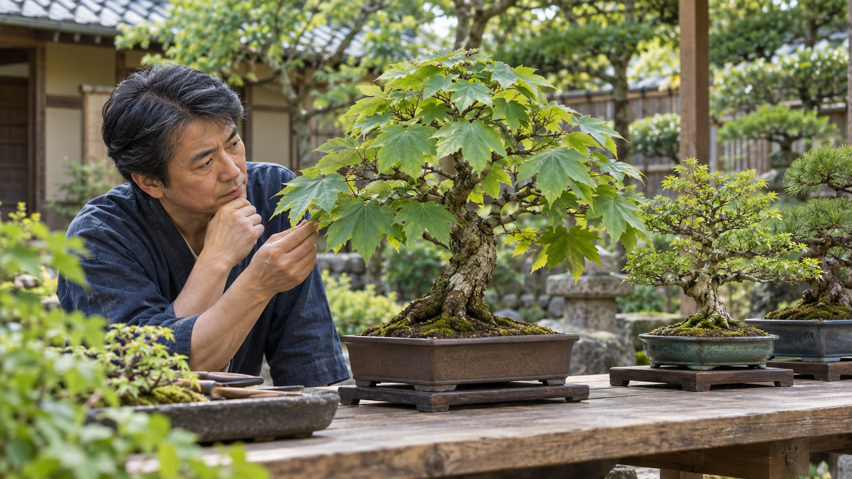 盆栽の葉の大きさと枝ぶりを確認する男性と複数の盆栽