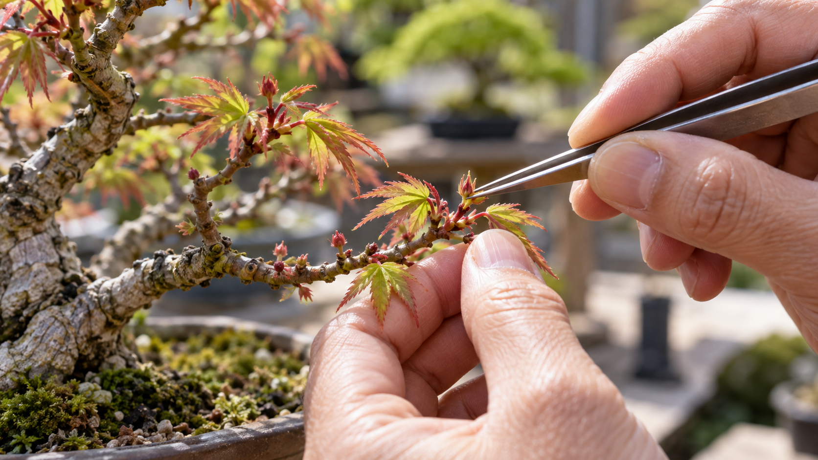 モミジ盆栽の新芽をピンセットで摘み節間の伸びを調整する作業
