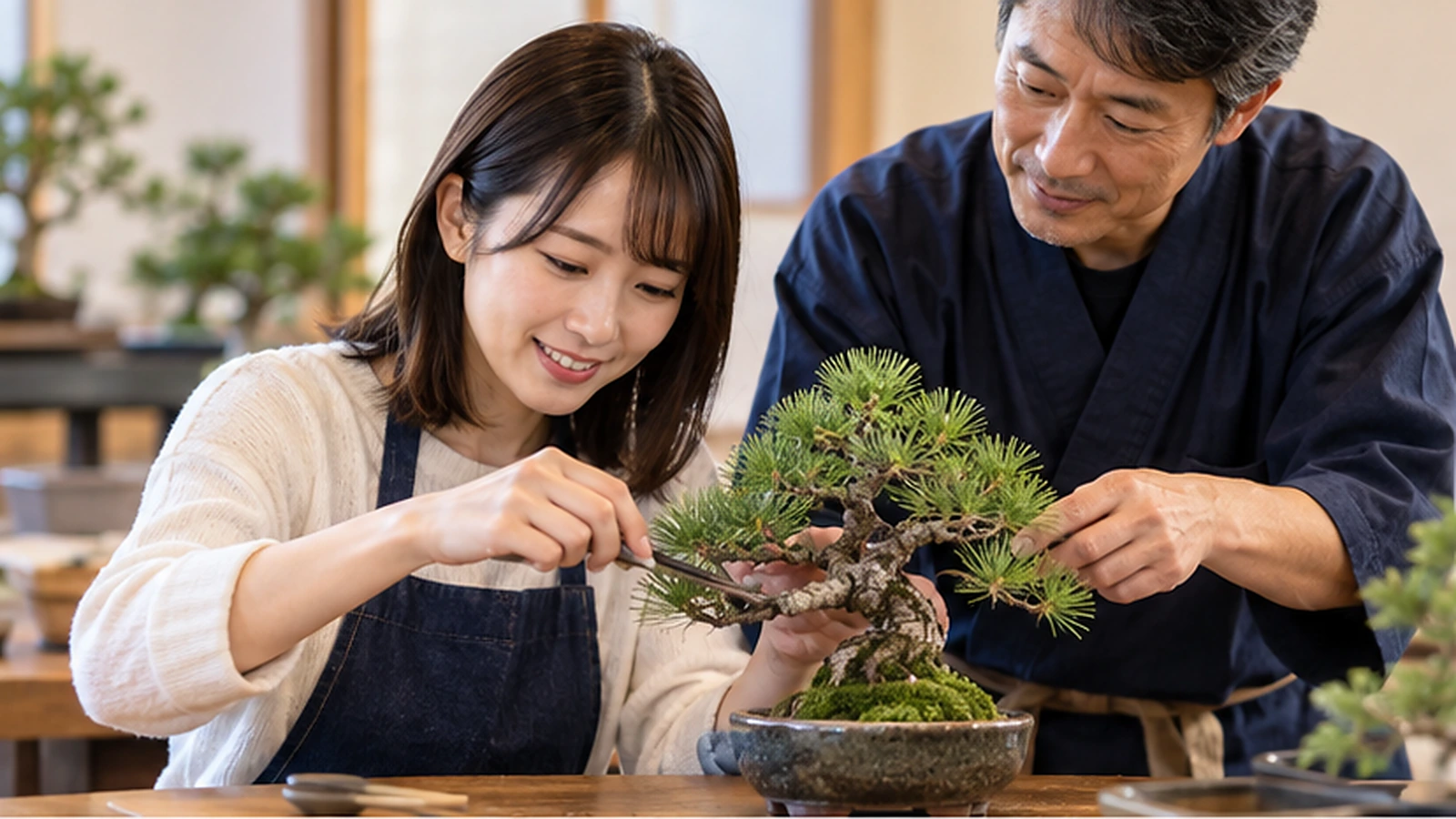盆栽教室で日本人講師の指導を受けながら松の盆栽を手入れする初心者の女性