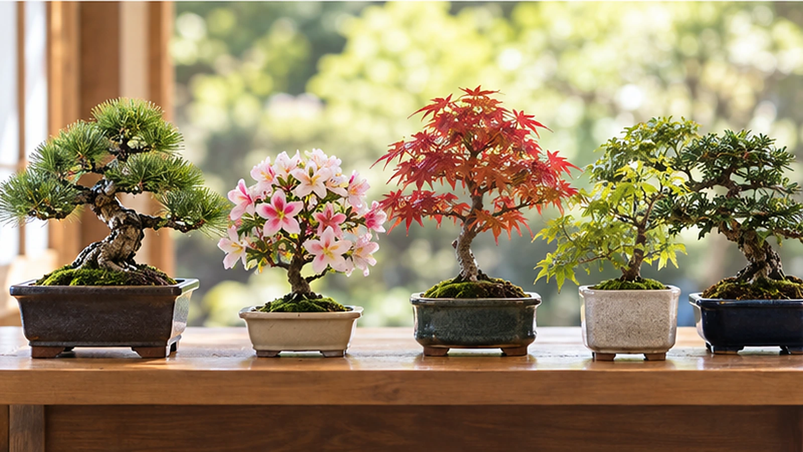 松の盆栽やピンク色の花を咲かせた盆栽、赤く紅葉したモミジなどが並ぶ明るい窓辺