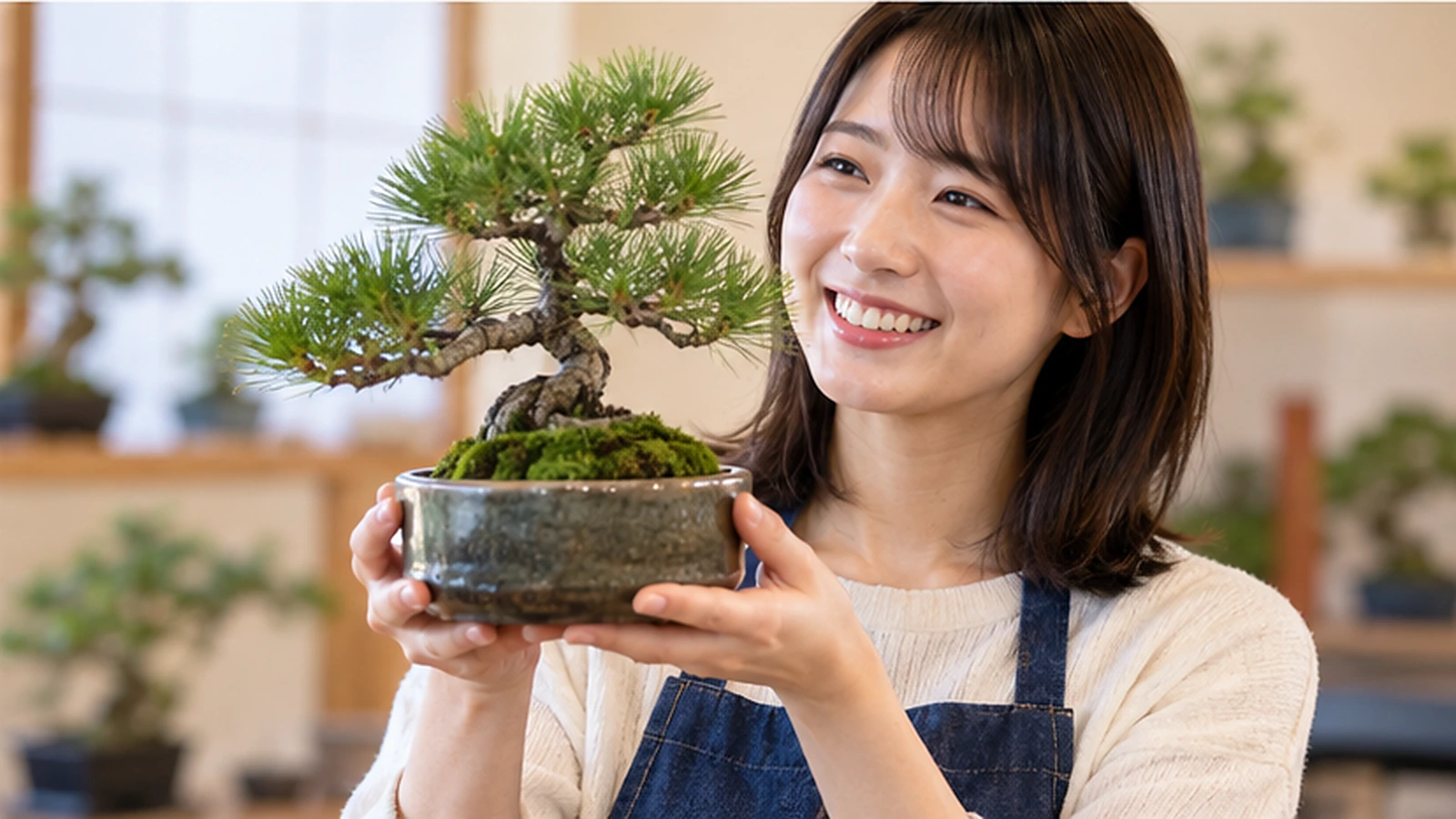 初心者向け盆栽づくり体験で完成した松の盆栽を両手に持ち、笑顔で眺める日本人女性