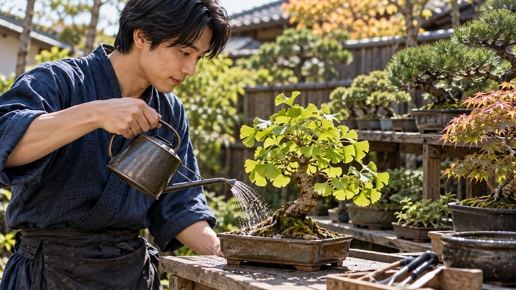 屋外でジョウロを使って銀杏盆栽の鉢土に水やりをする様子